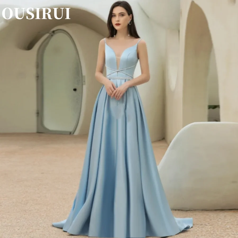 

OUSIRUI V Neck Luxury Evening Gown Elegant Ladies Dresses For Special Occasions Sleeveless A-Line Prom Dress Sexy Deep