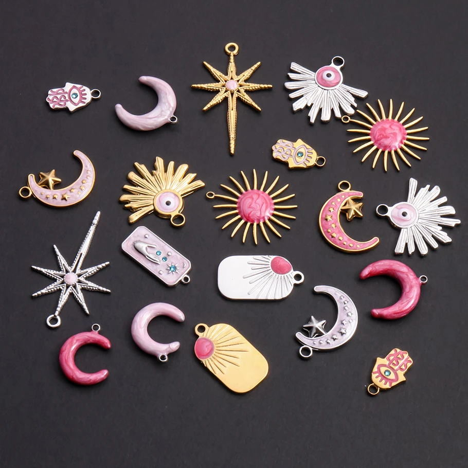 3 Stück modische Luna-Anhänger mit achtzackigem Stern und Sonnenauge, handgefertigt, rosa Tropföl, Edelstahl-Anhänger für die Schmuckherstellung, Halskette – Detail 2