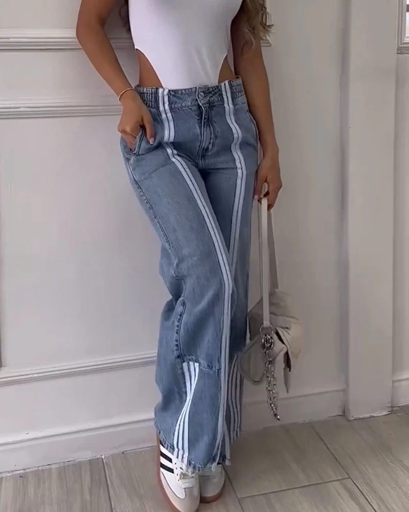 Vintage Side Stripe Baggy Jeans Woman High Waist Splicing Straight Loose Wide Leg Denim Trousers Streetwear Cargo Pants Y2k