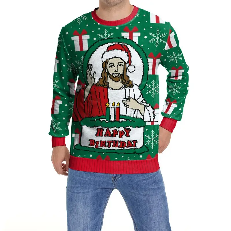 Happy Birthday Jesus Cosplay Ugly Christmas Sweatshirt Xmas Tree and Puppy Pullover Holiday Party Costumes Couple Clothes