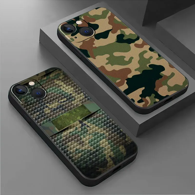 Capa macia para iPhone, capa preta à prova de choque, camuflagem militar verde, iPhone 15, 14, SE, 13 Pro, 8, 7Plus, 6s, XR, 11, XS, X, 12mini, 14 pro máximo, 12