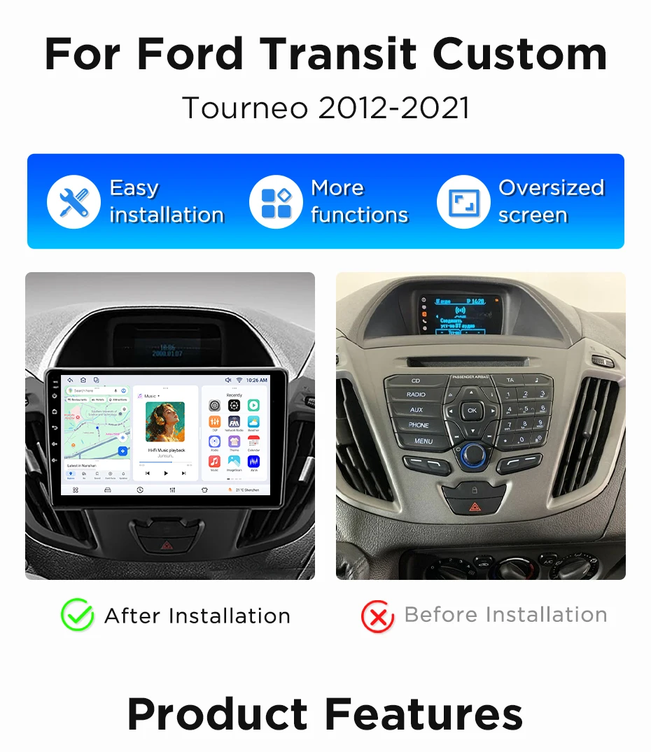 Junsun Wireless CarPlay Android Auto Autoradio für Ford Transit Custom Tourneo 2013-2021 Intelligente Systeme DSP SWC RDS GPS FM – Detail 4