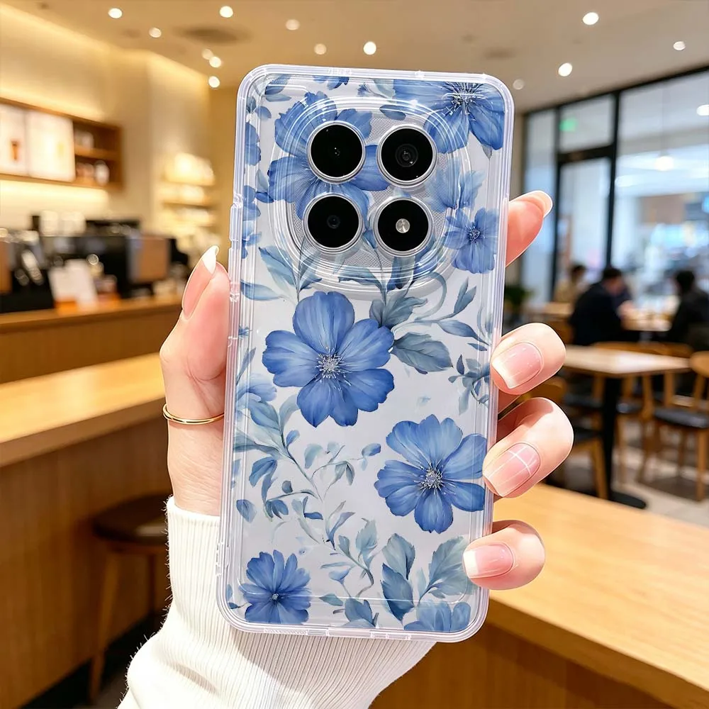 Blue Watercolor Floral Pattern Phone Case For Xiaomi POCO X7 X6 X5 F7 F6 F5 F4 M8 M6 C85 C71 Pro Protective Transparent Cover