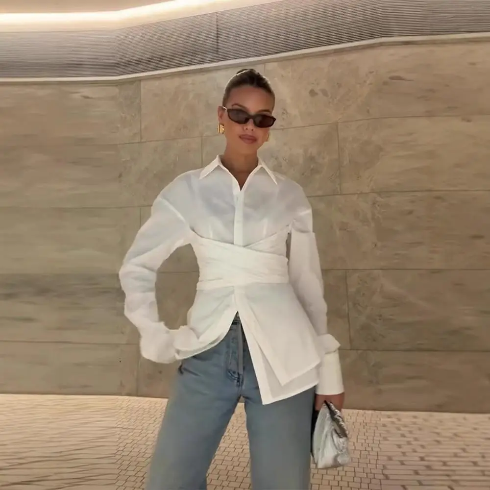 

Женская повседневная хлопковая блузка Slim Fit однотонного цвета с длинным рукавом и поясом, модная и удобная