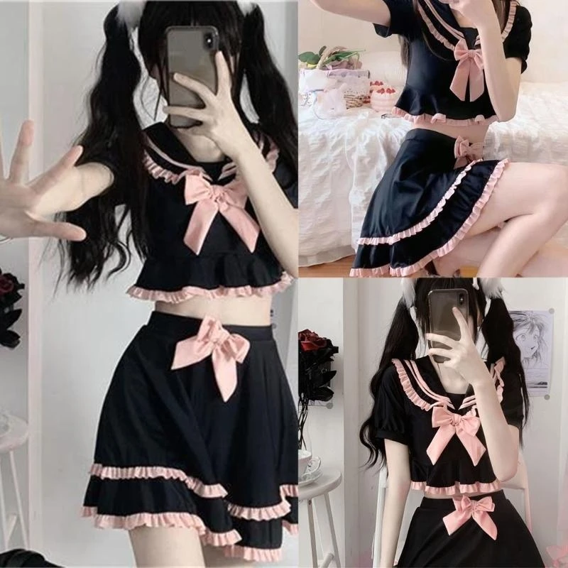 2026 new Two Pcs Split Swimwear for Students Swimming Costume Set Bows Swimsuits Ruffle Bathing Suit Swimsuit Top Skirt Set