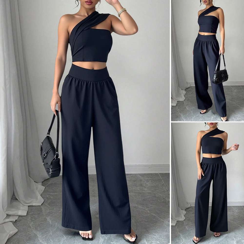 Mia Muse Boutique مجموعات كورية مثيرة عادي بلا أكمام واحدة الكتف الدبابات كامل طول عالية الخصر واسعة الساق مجموعات غير رسمية للنساء