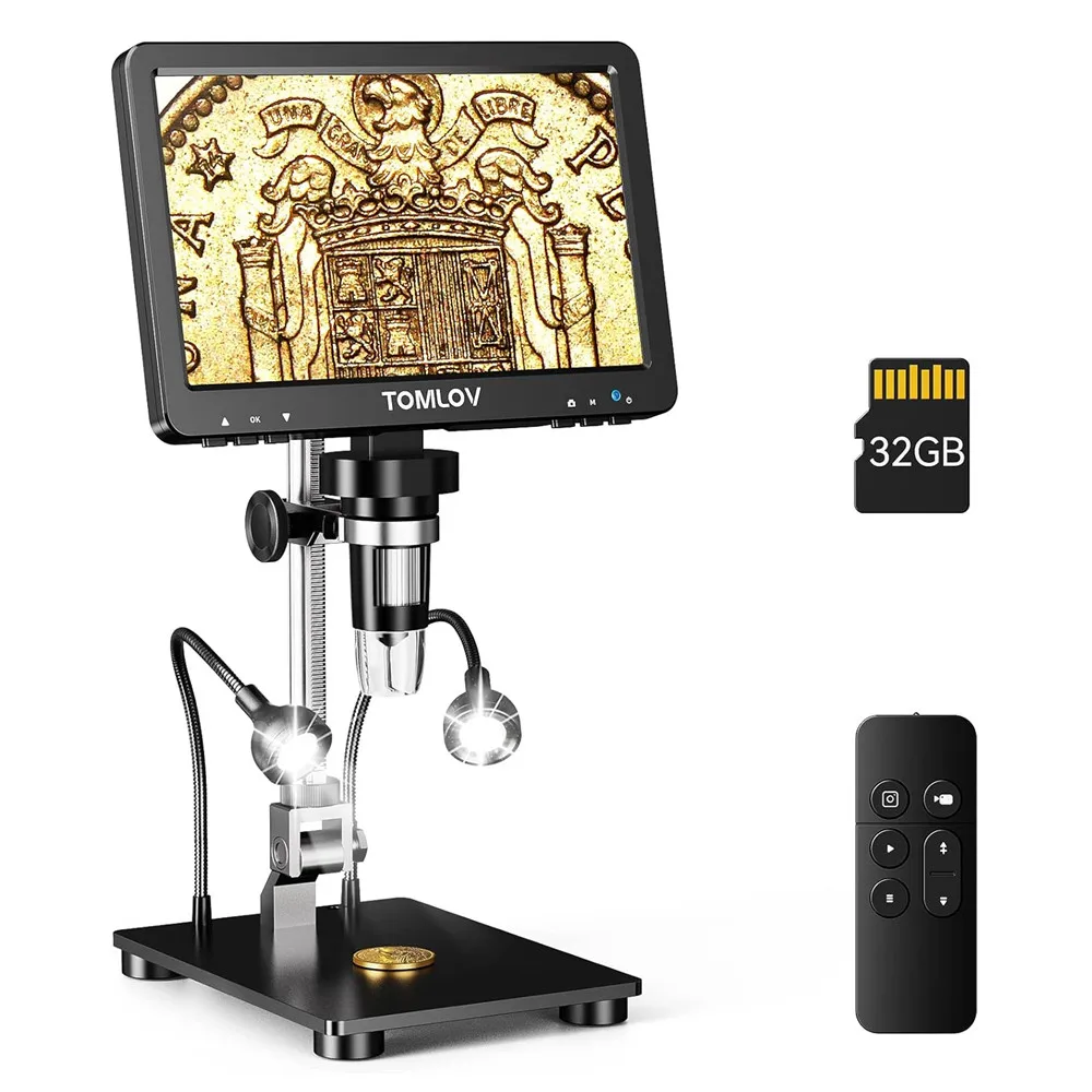 Tomlov Dm9 Pro Microscópio Digital 1200x com Tela Ips Lupa de Microscópio de Moeda 1080p 16mp para Visão Completa de Moeda