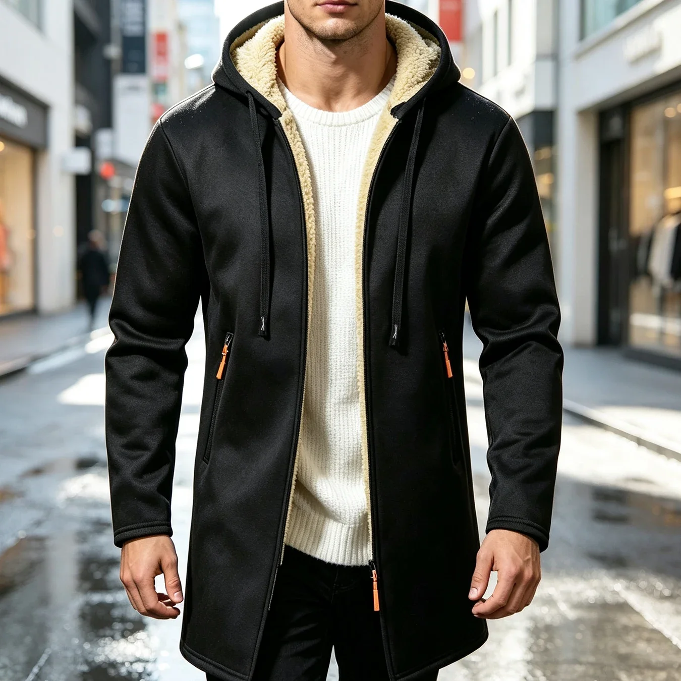 Mens Heather Mid Long Hooded Jacket Full Zip Warm Lined Drawstring Hood Coat Side Zipper Pockets Winter Outer Tops