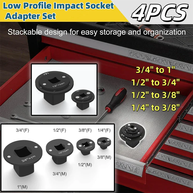 

Low Profile Impact Socket Adapter Set Drive Reducing 1/2"M to 3/8"F Designed for Tight Spaces Tools for confined spaces