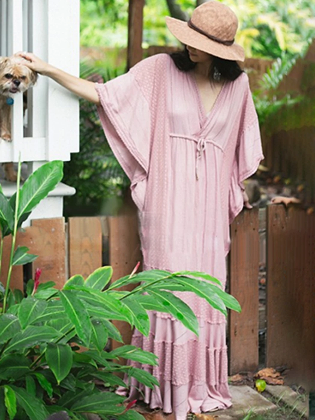 

Jastie Boho Maxi Dress Women Summer Hollow Batwing Sleeve V Neck Drawstring Loose Dresses Solid Color Beach Casual Turkish Robe