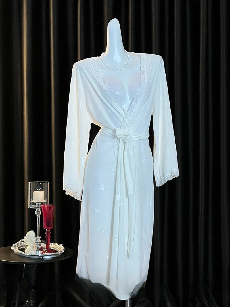 

Sweet Sensual Velvet Butterfly Print Home Outerwear,Sexy Lace Nightgown for Autumn&Winter,Feminine and Romantic Sleepwear Set