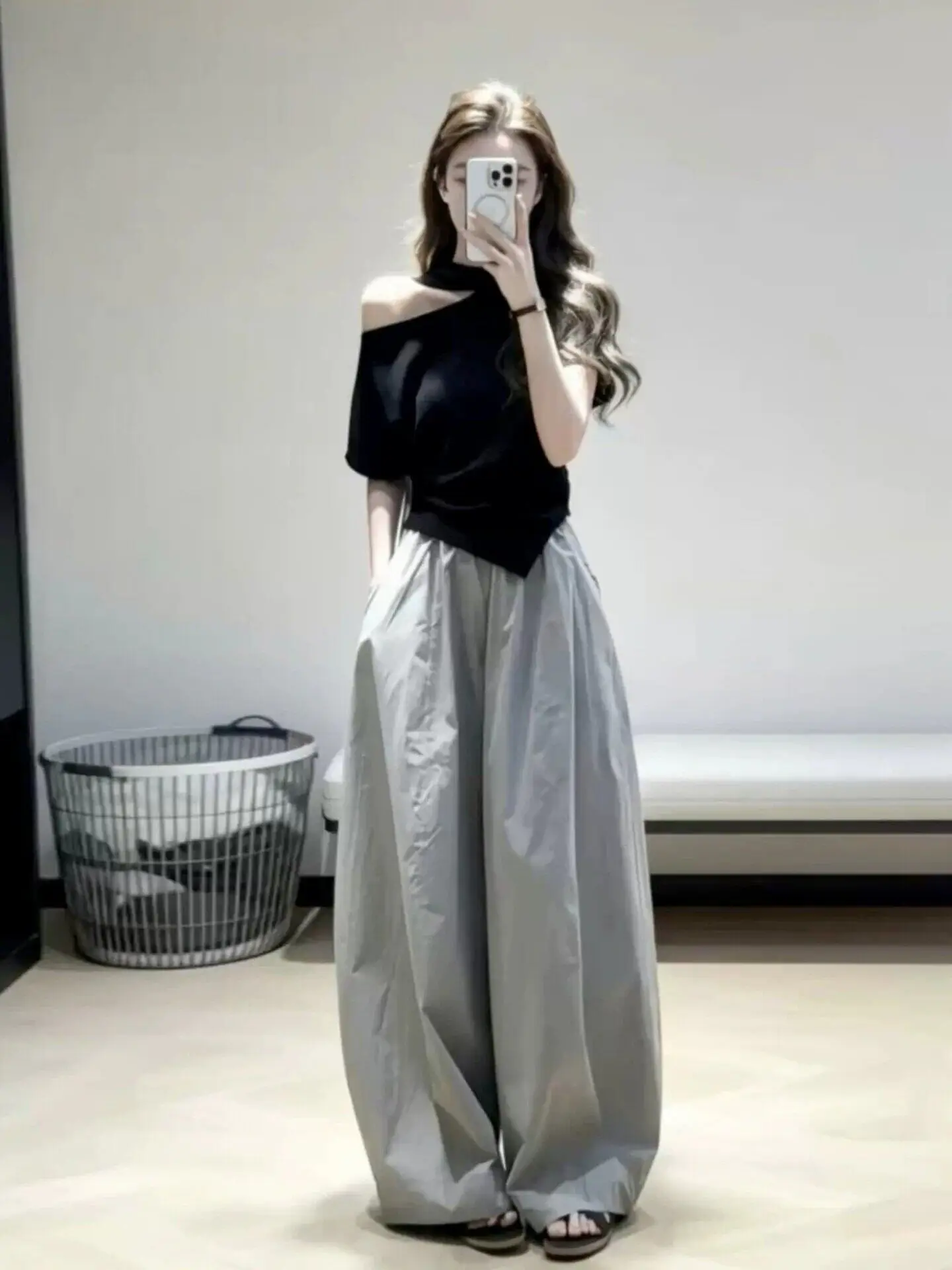 

Korean Style Summer Fashion Set Women's Loose Feel Wide Leg Pants Short Sleeve T-Shirt Shoulder Tilted High Waist Breathable