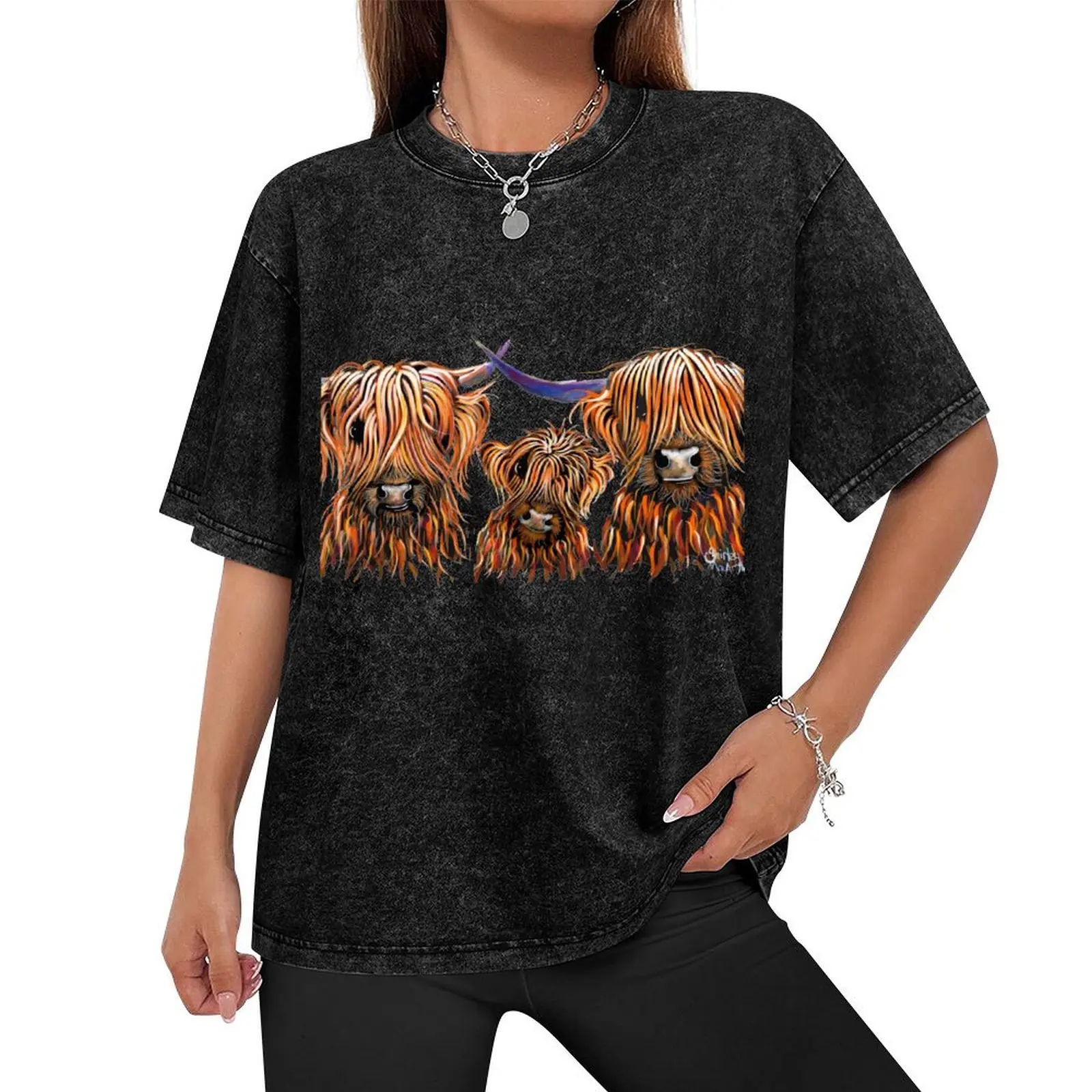 Scottish Highland Cows PRiNT 'The Tangerines 2' by Shirley MacArthur T-Shirt summer top summer tops tee shirts for men