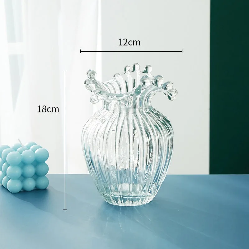 European light luxury wave mouth vase glass transparent ornament living room water flowers