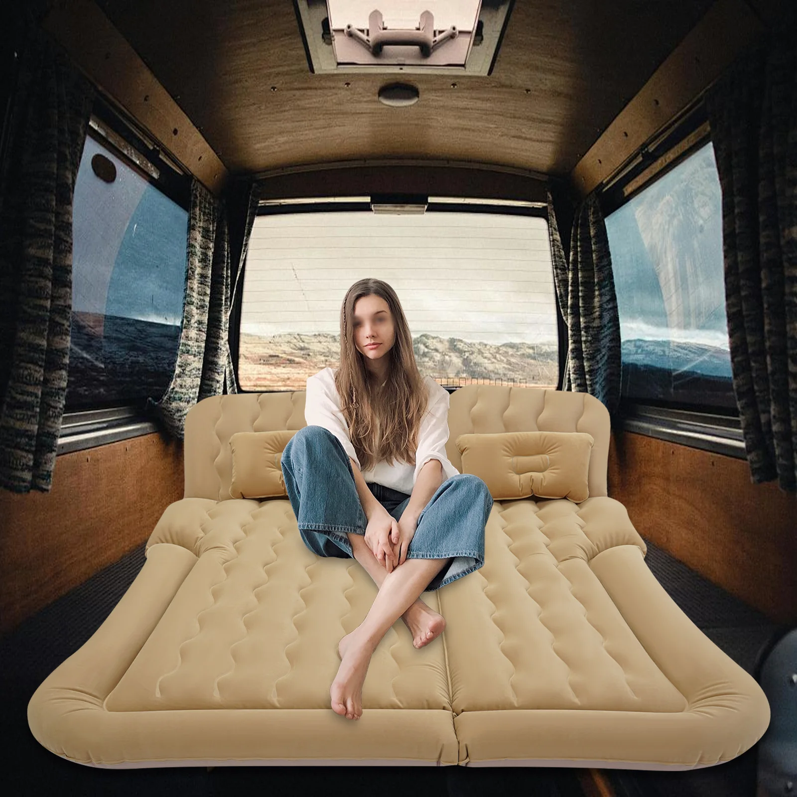

Car Inflatable Bed 2-in-1 Multifunction PVC Flocking Soft Sleeping Mattress for Car SUV w/ Air Pump Camping Travel Cushion Bed