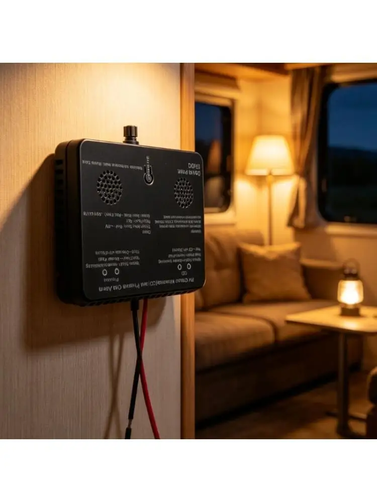 652F Metal Housing Gas Monitor for Motorhomes with Face-Mounted Test/Silence Control, 2 Side Openings, Red and Black Cables, and