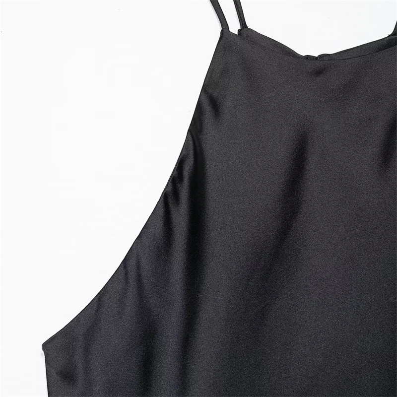 KEYANKETIAN 2025 nouvelles femmes soie Satin texturé Spaghetti sangle licou robe mode simplement mince noir une ligne robes MIDI