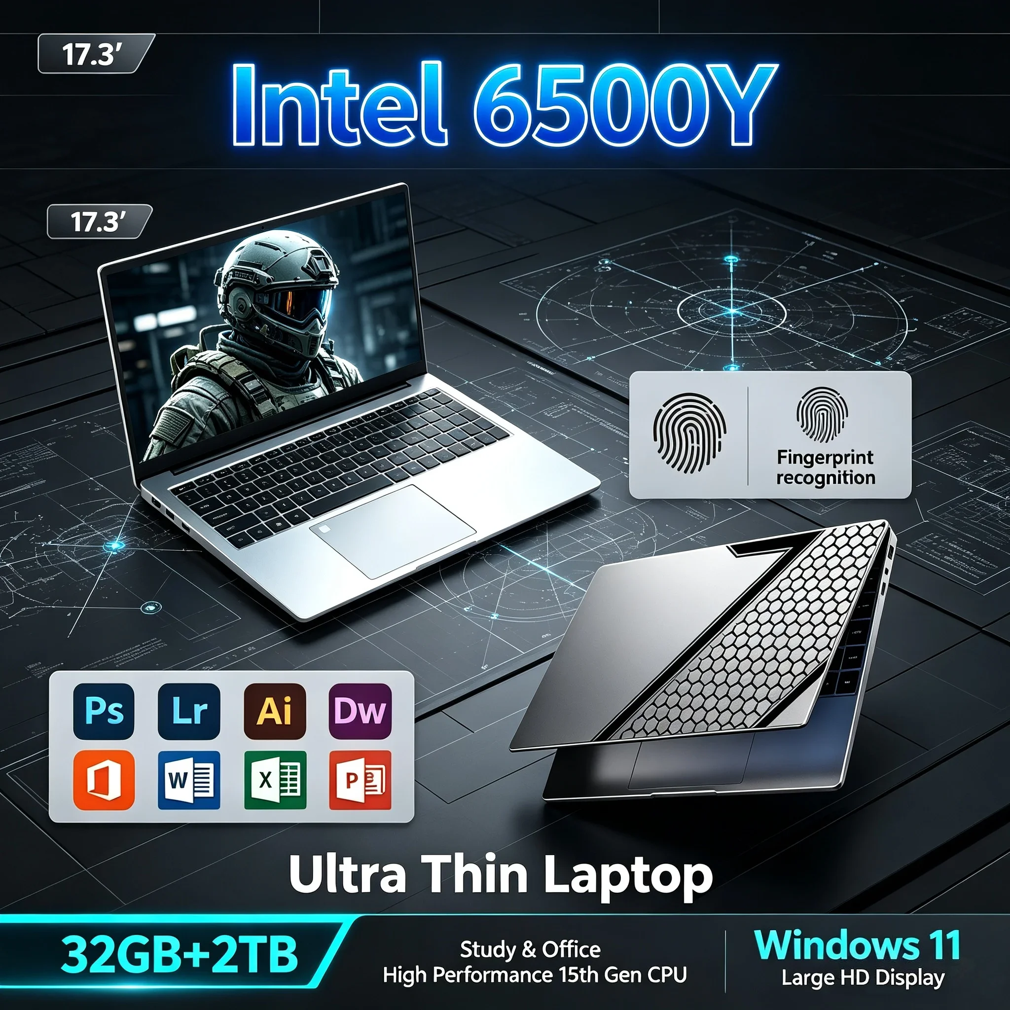17.3'' Inch Portable Notebook Intel 6500Y 32GB RAM 2TB SSD Win11 WiFi6 BT5.2 Backlit Keyboard Business Home Office Study Laptop