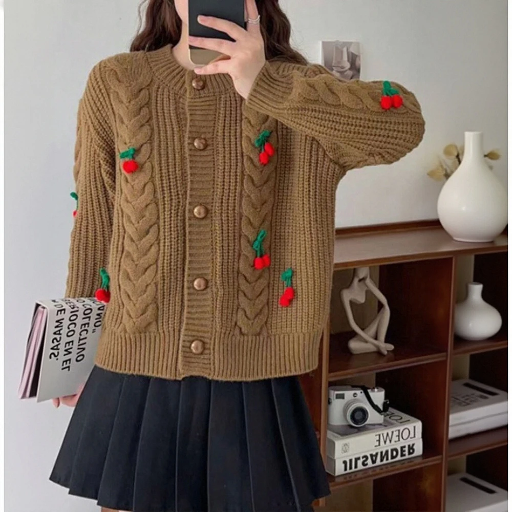 

Женский облегающий вязаный кардиган, осеннее однобортное повседневное пальто с длинным рукавом и круглым вырезом контрастного цвета с мультяшным принтом