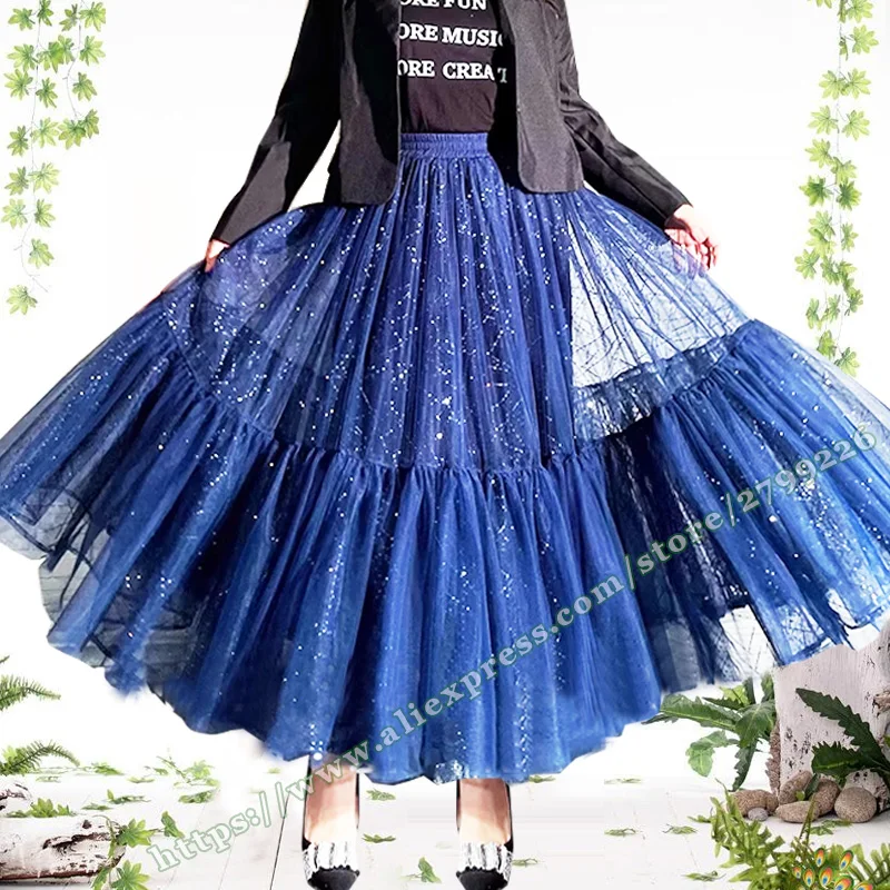 

Spring Autumn High Waist Dark Blue Sequin Mesh Spliced Large hem Fluffy double circle skirt TUTU pleated Womens skirts 2024