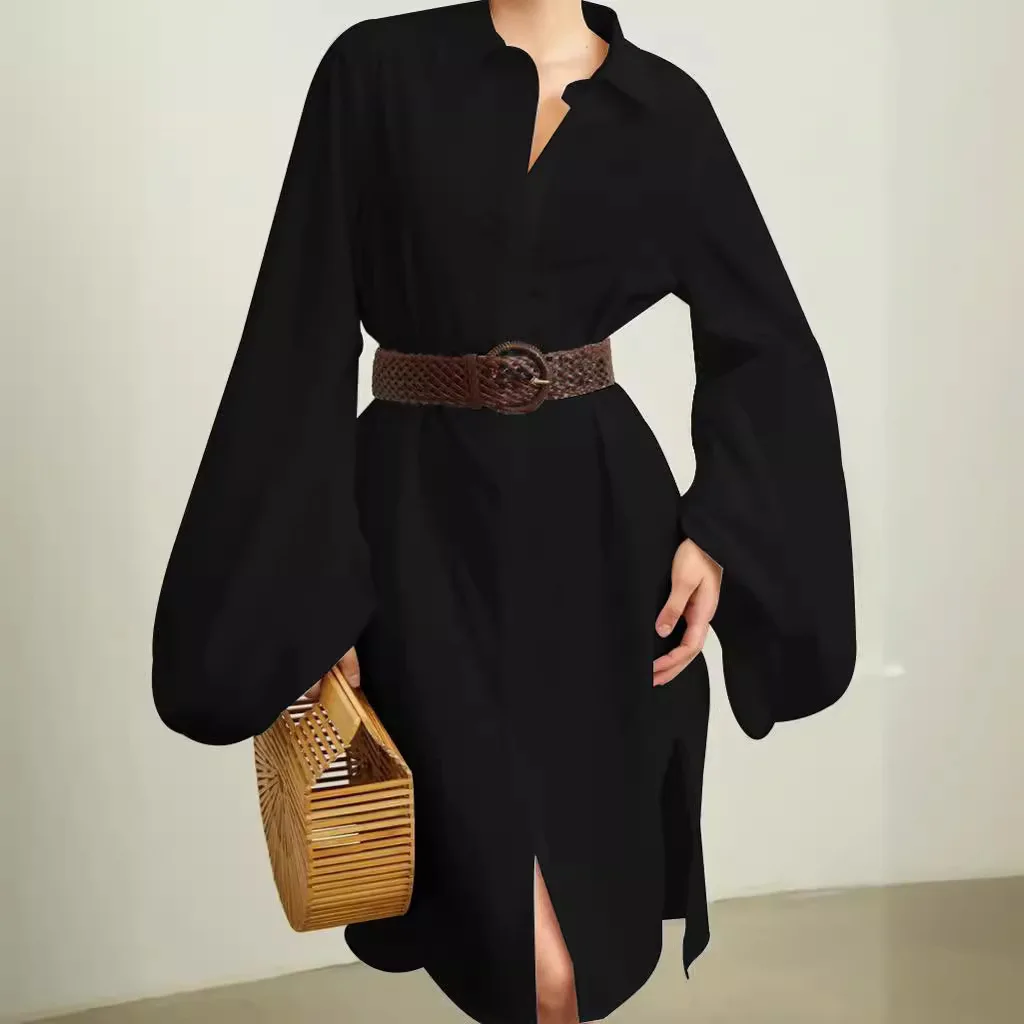 Autumn and Winter Women\'s Clothing Loose Slim-fitting Short Long-sleeved Shirt Slit Dress for Women