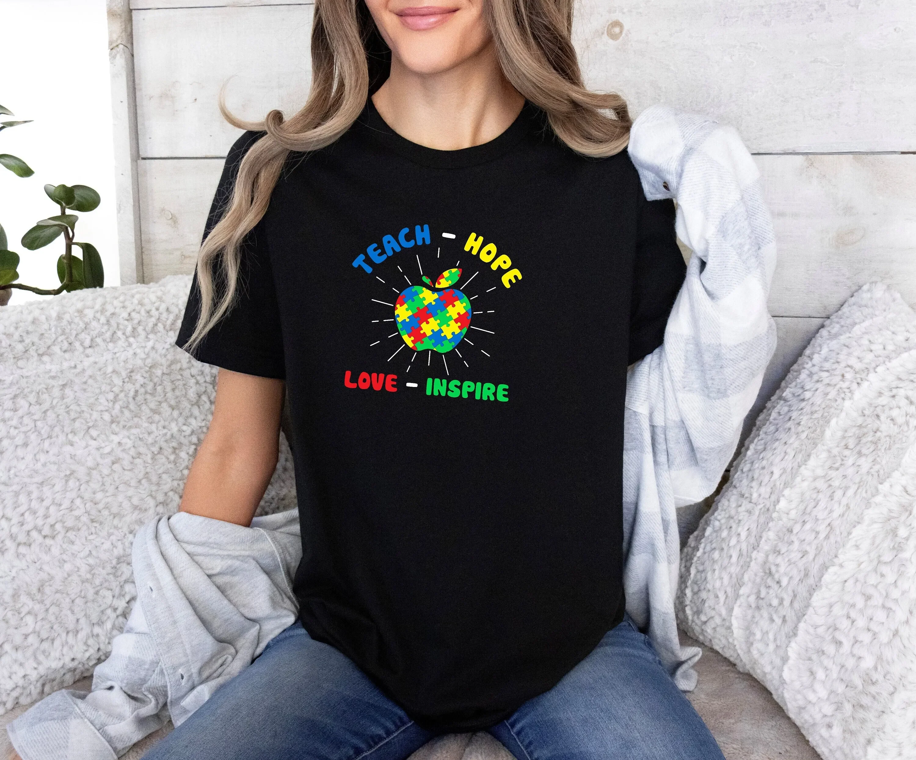 Autism Teacher T Shirt Teach Hope Love Inspire Support Special Education Acceptance
