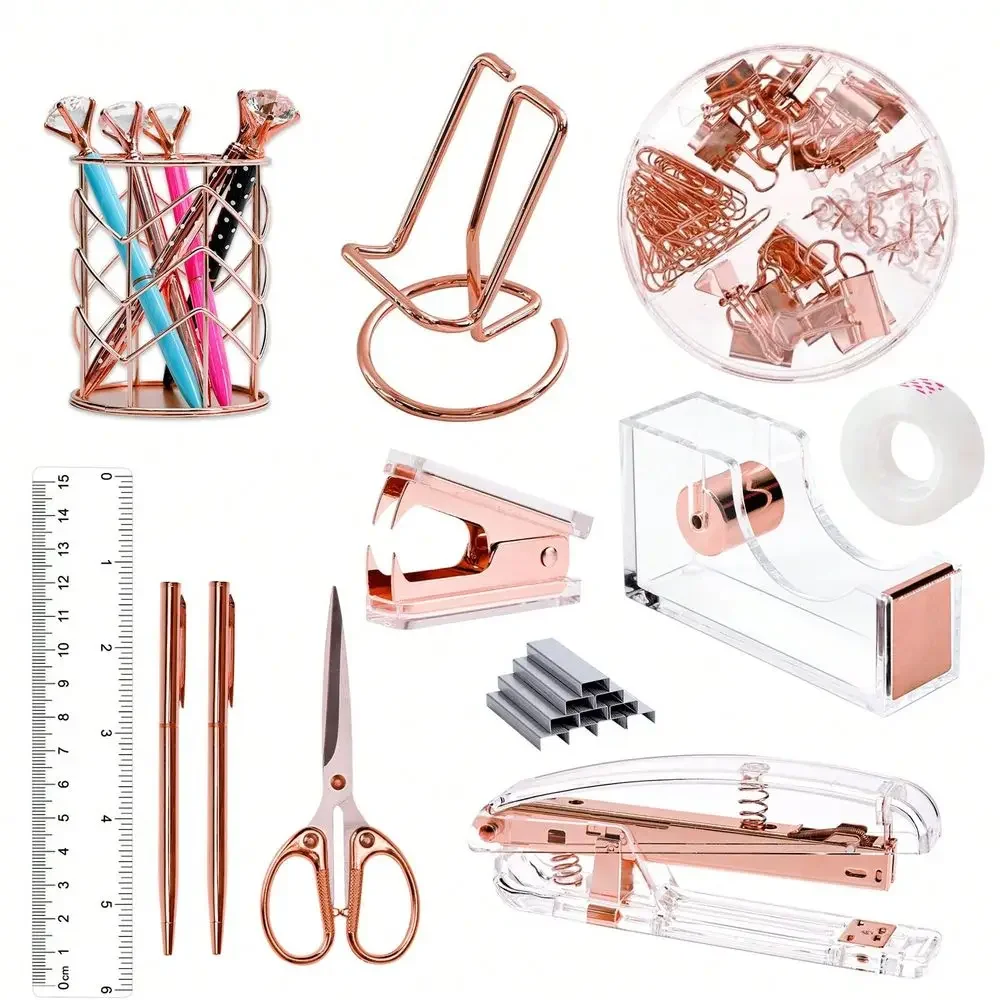 Rose Gold Desk Accessories, Office Supplies And Accessories Set, Acrylic Stapler Set, Staple Remover, Phone Holder, Pen Holder,