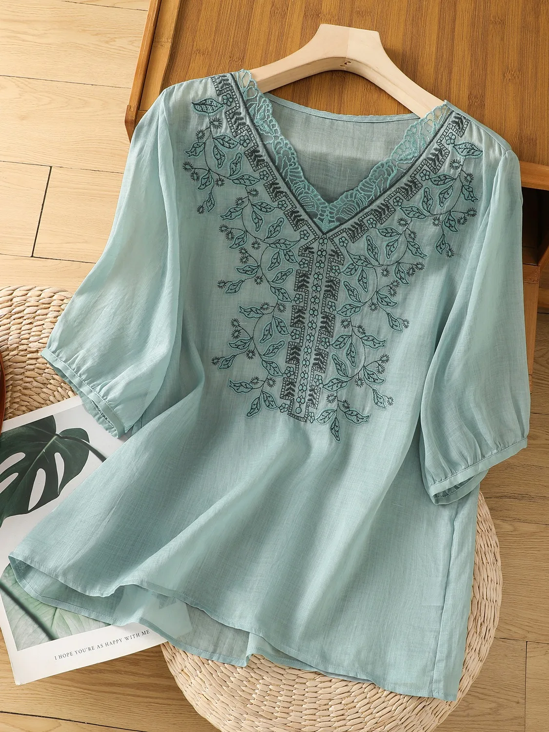 Ele Embroidered Cotton Linen irt Women Summer Loose Artistic Pure Color Sli V Ne T irt Small irt