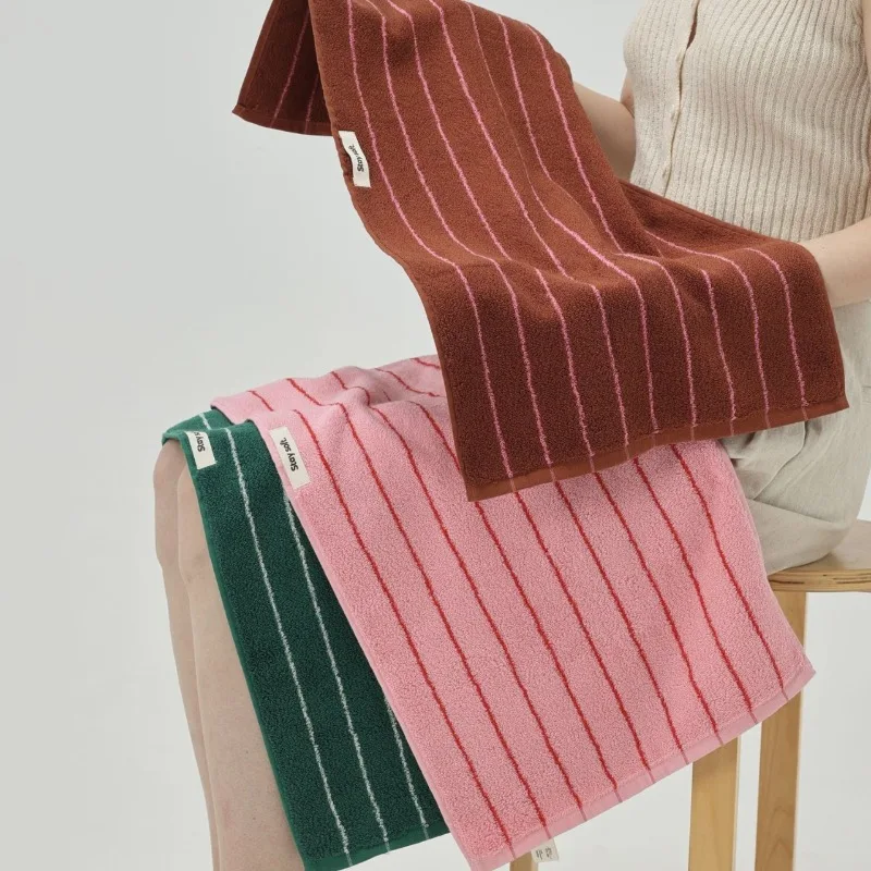 New Autumn Winter Color Block Thin Stripe Towel Combed Cotton Water Absorbent Adult Bath Towel Contrast Striped Face Towel Set