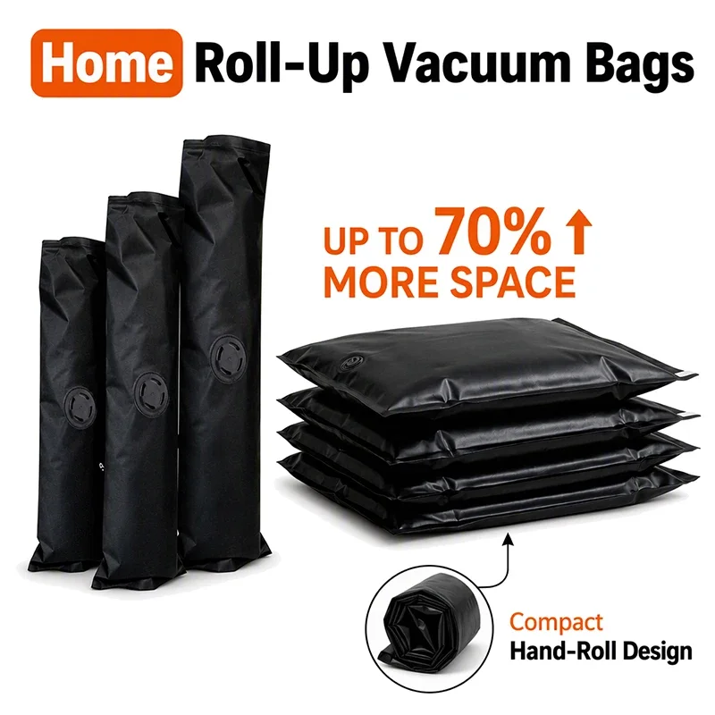 Travel Hand Roll Vacuum Bags No Pump Needed,Reusable Home Compression Bag Set For Clothes Duvets,Waterproof,3 Size,1/2/5/10 Pack
