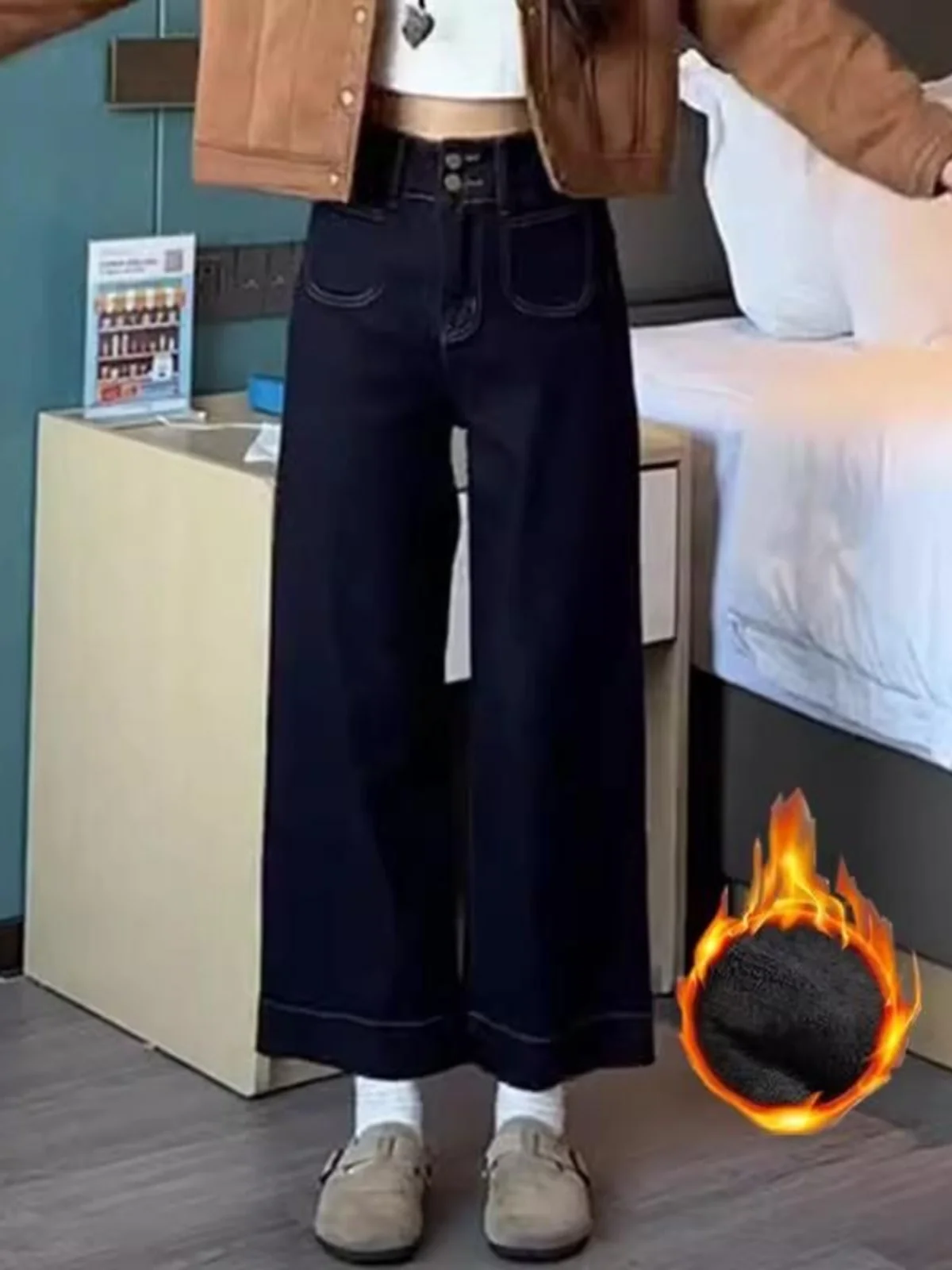 

Джинсы женские с высокой талией, на подкладке, из денима, синие, прямые, свободные, стройнящие, длиной 7/8, повседневные, стильные