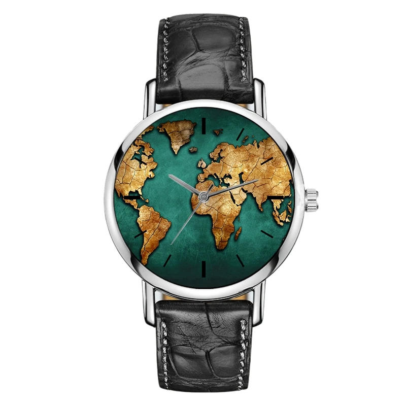 Fashion World Map Horloge Travel Globe Pols Quartz Lederen Horlogeband