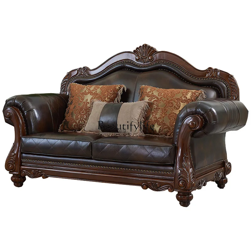 

American Classic Solid-Wood Leather Sofa European Style Living Room Furniture