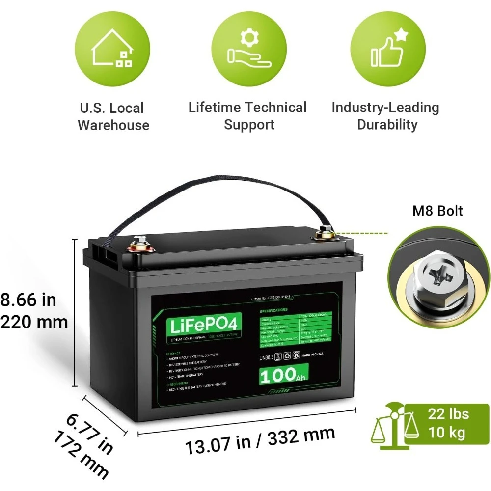 LiFePO4 Battery 100ah Lithium Battery, 12V Lithium Iron Phosphate Battery Deep Cycle Marine Battery, Solar-Ready Battery w/ 10-Y