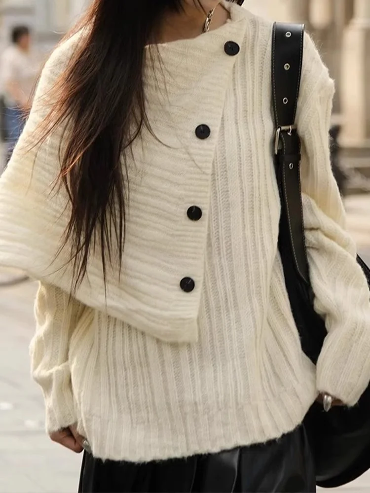 

ROUJE KEFSS Lazy Style Turn-down Collar Knitwear Women's Loose Versatile Autumn Winter Design Casual Fashion Innerwear