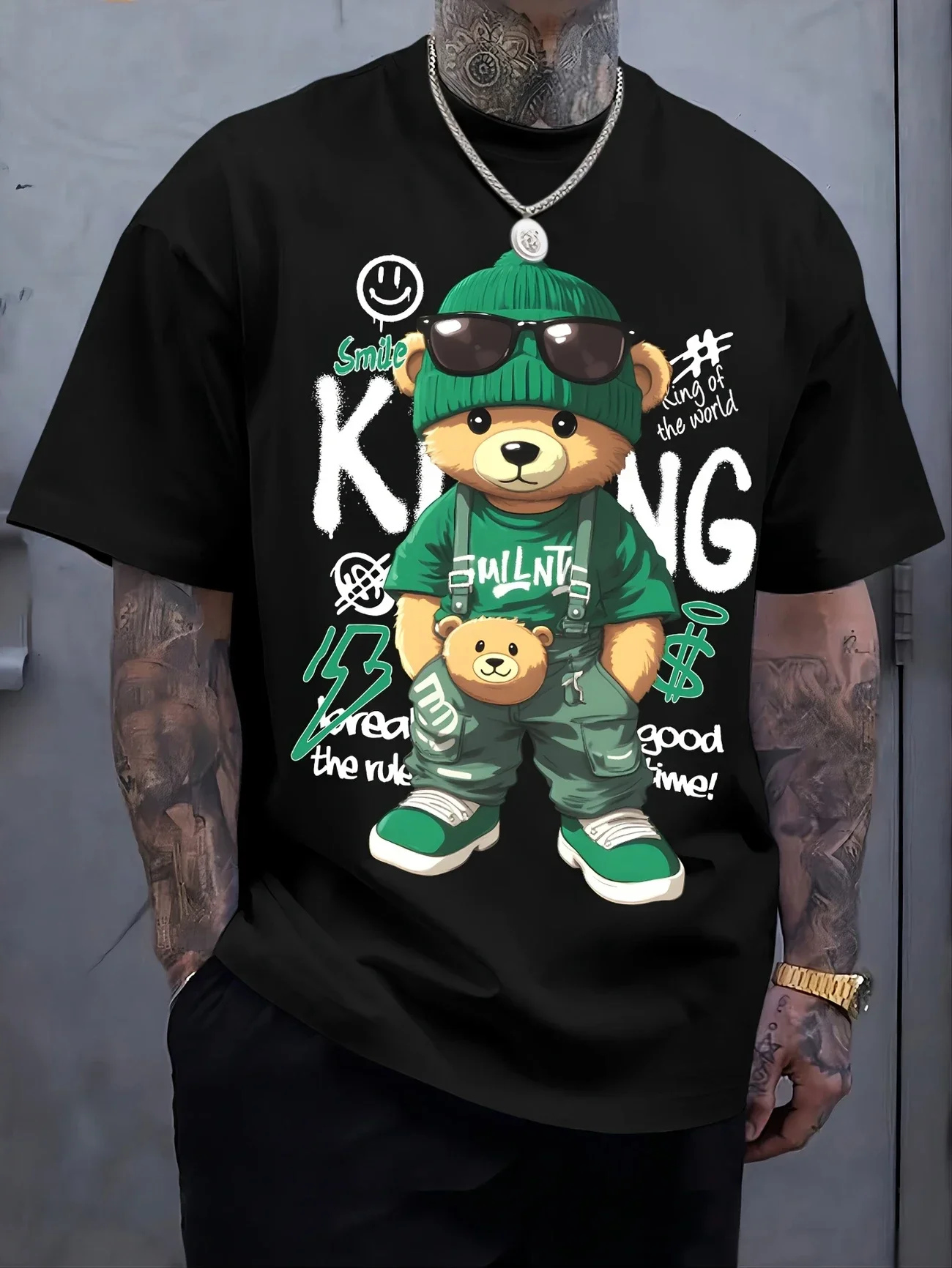 Cotton Short Sleeved T-shirt for Men Kids Trend Loose American Print Casual Versatile Couple's Top Cartoon Bear Pattern Casual T