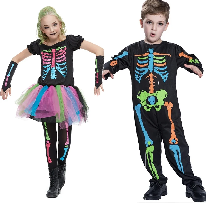 Costume de Tête de Mort Coloré pour Halloween, Tenue de Cosplay, Vêtements de Barrage de Carnaval, pour Fille et Garçon