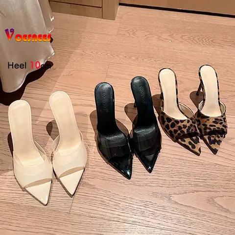 크기 34-40 레오파드 프린트 슬리퍼 10CM 스틸레토 여성 스웨이드 샌들 여름 하이힐 뮬 우아한 숙녀 지적 슬라이드 신발
