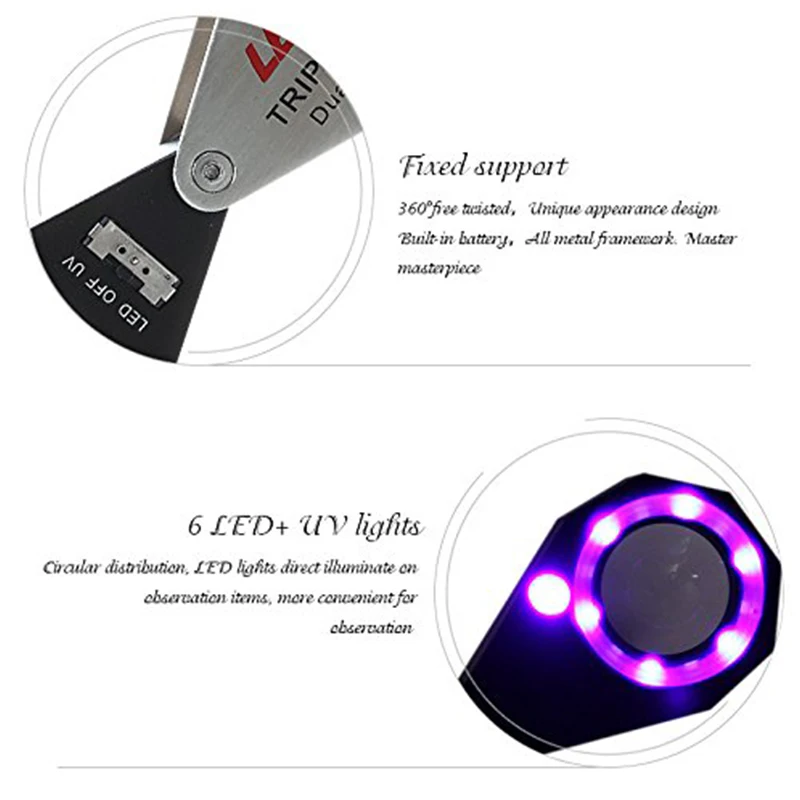 Professional Dual Light UV/LED Triplet Illuminated Loupe 10x Jeweler Magnifier with 6 LED UV Light 21mm Lens for Gems Jewelry