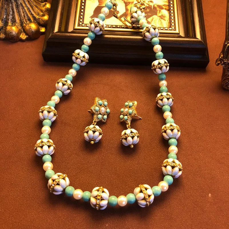 Medieval jewelry versatile copper material ear stud blue white drip glaze beaded necklace earrings pendant