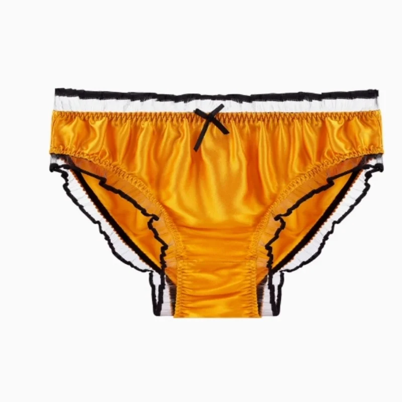 Unisex Mulberry Silk Underwear Lace Sexy Ruffled Smooth Briefs Comfortable Soft Glossy Erotic Panties Couples Bow Solid Lingerie