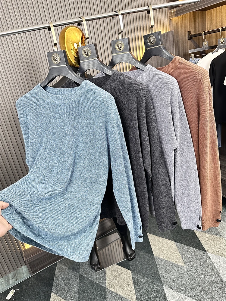 

Теплый свободный мужской вязаный свитер, однотонный длинный свек, круглый пуловер Ne с манжетами на пуговицах, осенне-зимний повседневный трикотаж