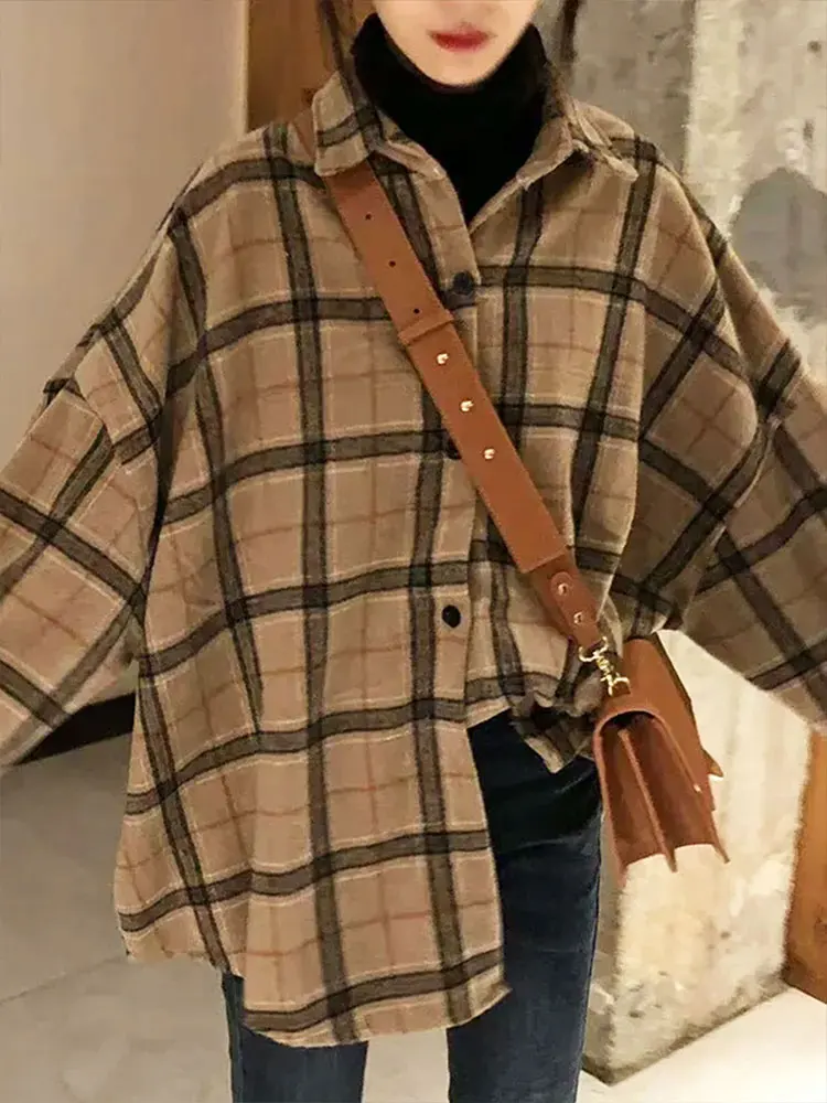 

Women New Plaid Coat Blouses Fashion Spring Streetwear Turn-Down Collar Lady Button Long Sleeve Casual Loose Plaid Coat Clothing