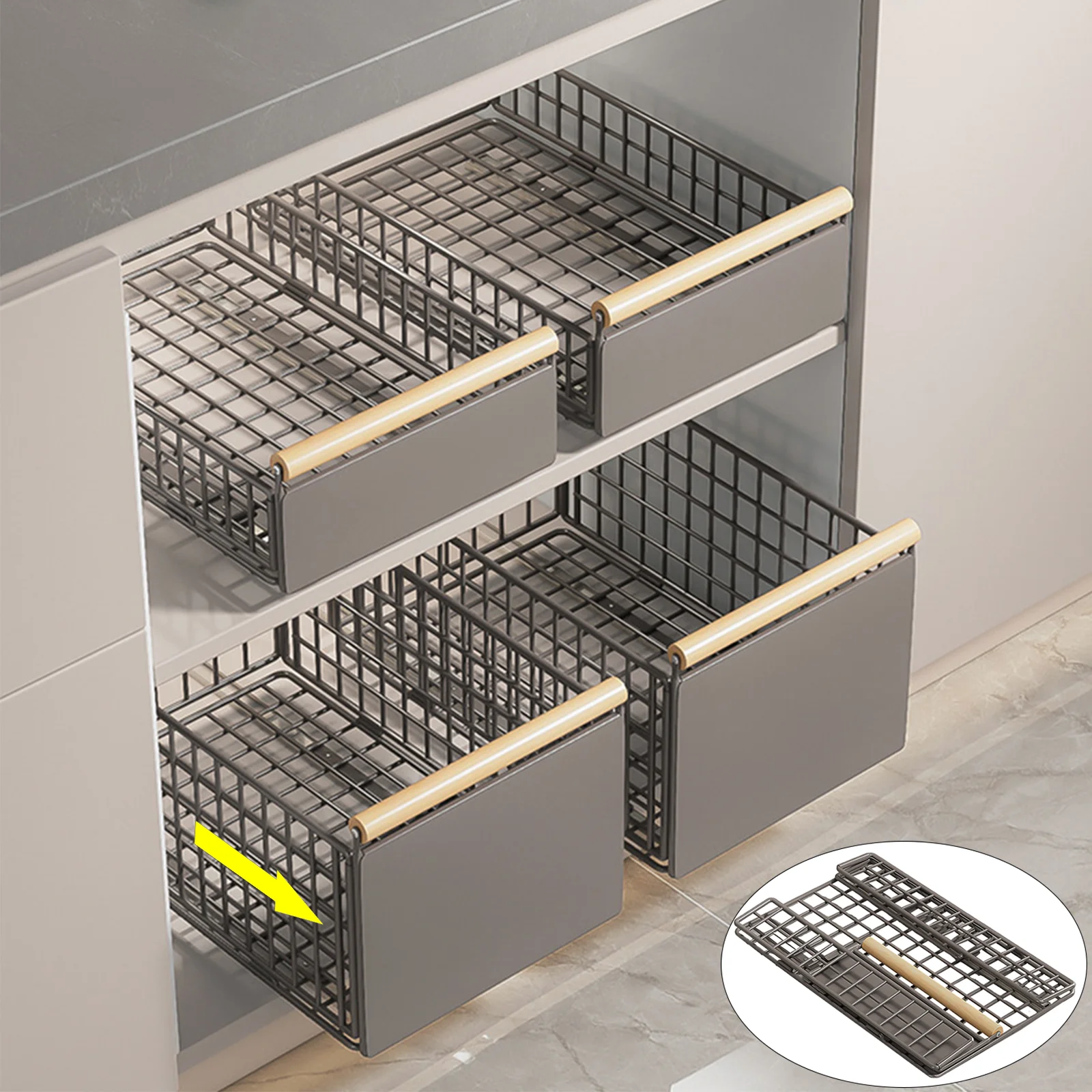 1/2PCS Organisateur de tiroir coulissant avec poignée en bois, panier extensible et pliable, pour cuisine, égouttoir à vaisselle, porte-épices