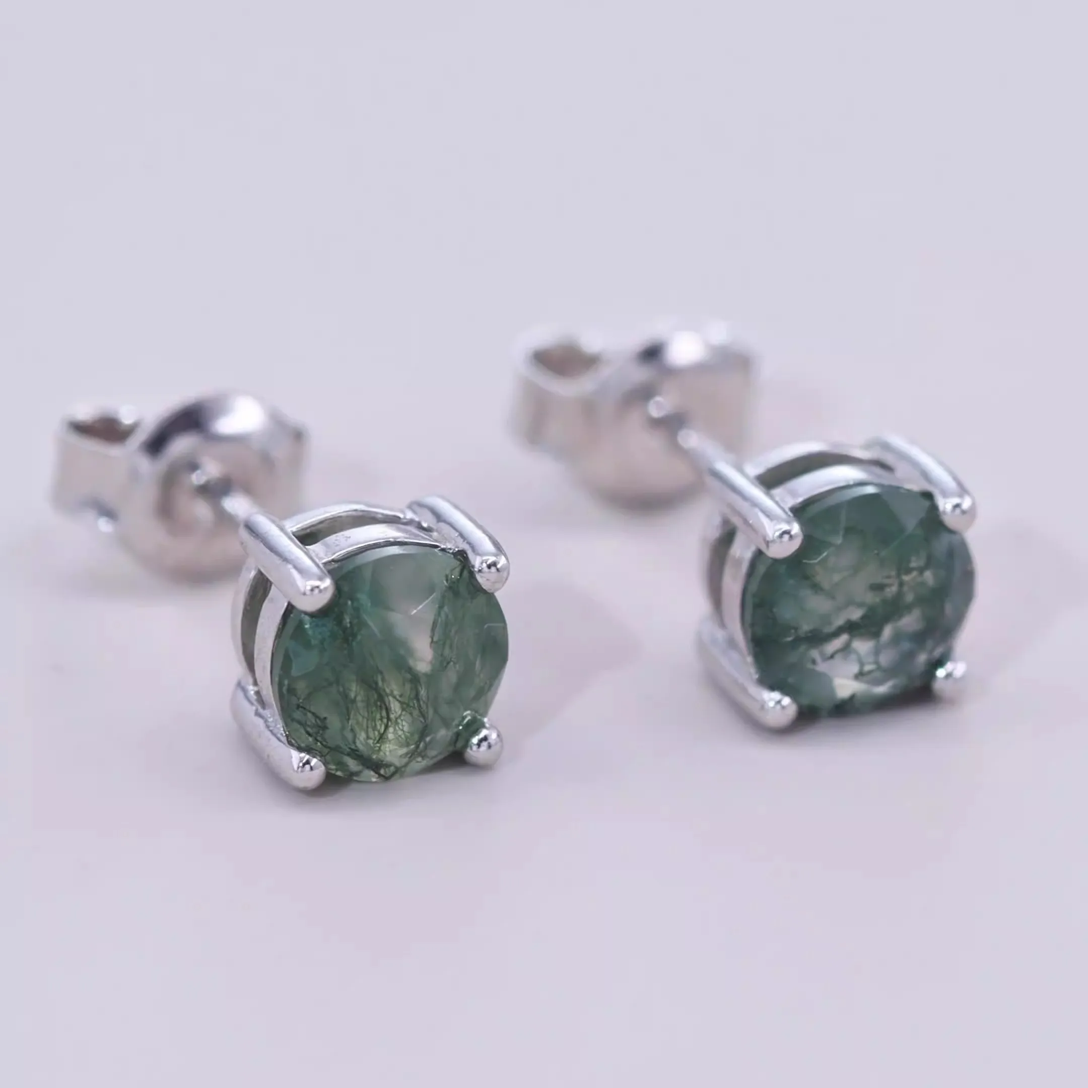 925 Sterling Silver Stud Earring Natural Moss Agate Earrings Jewelry 6*6mm Full Circle Round Shape Female Gifts Exquisite