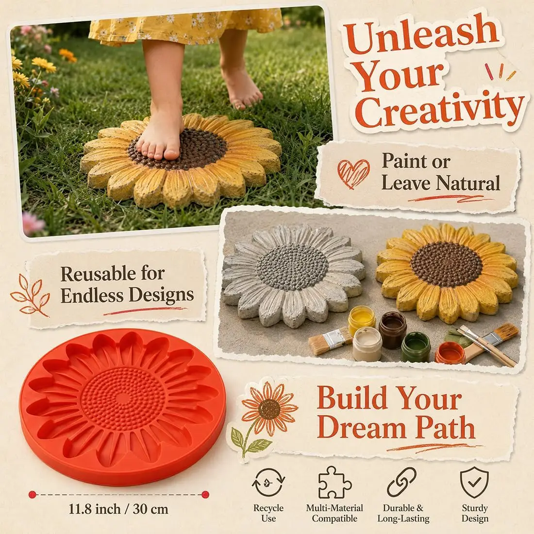 15.7 Inch Reusable Sunflower Concrete Stepping Stone Mold, DIY Walkway Paver Mold for Outdoor Patio Lawn Garden Decoration