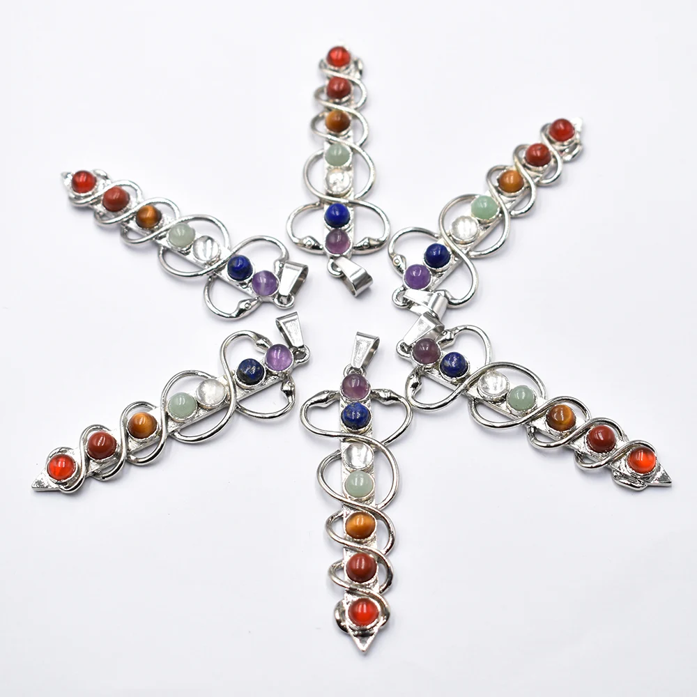 Wholesale 6pcs/lot Fashion 7 Chakra natural stone wrapped silver plated sword shaped pendant for necklace making free shipping