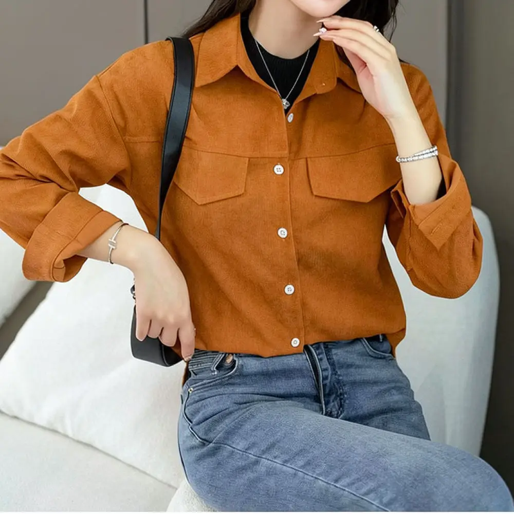 Womens Autumn Corduroy Shirt Loose Fit Long Sleeve Blouse Casual Polo Collar Soft Thickened Warm Chic Daily Wear