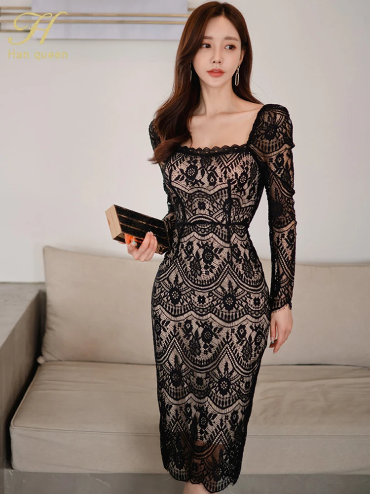 H Han Queen Hot Sale Lace Dresses Korean Retro Black/White Vestidos Elegant Fashion Hollow Out Office Party Casual Dress Women