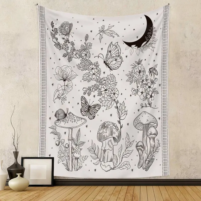 VIKAMA Witchy Black White Butterfly Mushroom Tapestry Floral Moon Botanical Minimalist Aesthetic Wall Hanging Bedroom Decor